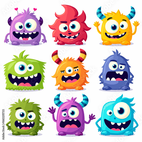 Cute colorful cartoon monsters with one eye, three eyes, horns, tentacles, funny expressions