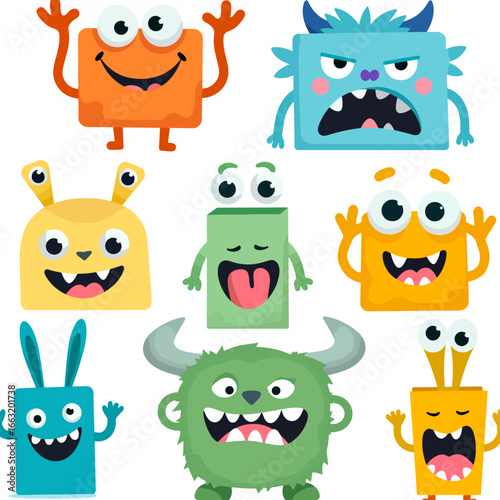Cute colorful cartoon monsters with one eye, three eyes, horns, tentacles, funny expressions