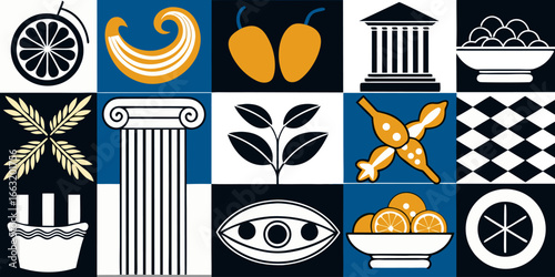 A black and white collage of classic Italian and Mediterranean-themed items arranged in two rows. The top row features a pizza, a branch of olives, a pile of short pasta (possibly cavatappi or fusilli