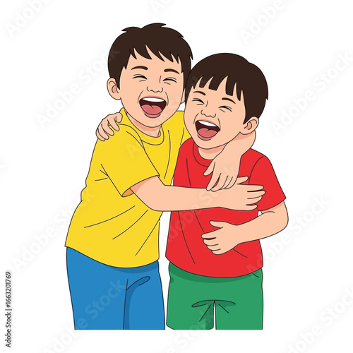 Joyful Brotherhood: Two young boys share a hearty laugh while embracing, symbolizing the warmth and bond of a close sibling relationship in a heartwarming depiction of friendship.