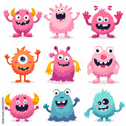 Cute colorful cartoon monsters with one eye, three eyes, horns, tentacles, funny expressions