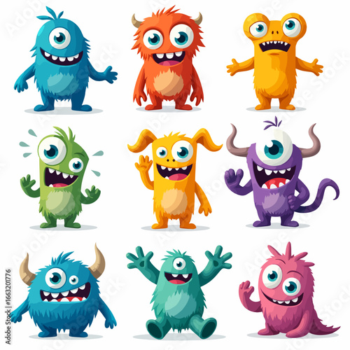 Cute colorful cartoon monsters with one eye, three eyes, horns, tentacles, funny expressions
