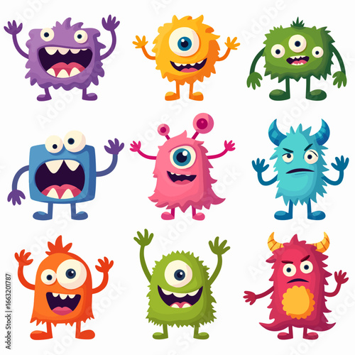 Cute colorful cartoon monsters with one eye, three eyes, horns, tentacles, funny expressions
