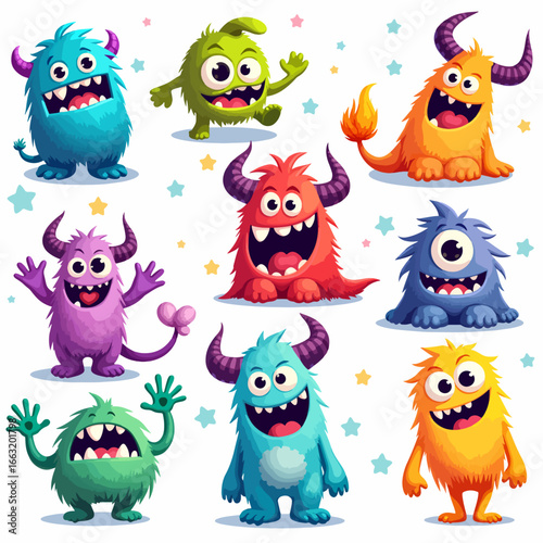 Cute colorful cartoon monsters with one eye, three eyes, horns, tentacles, funny expressions, isolated characters set for kids, games, Halloween, vector illustration