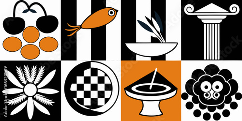 A black and white collage of classic Italian and Mediterranean-themed items arranged in two rows. The top row features a pizza, a branch of olives, a pile of short pasta (possibly cavatappi or fusilli