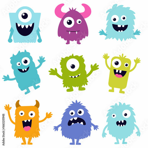 Funny monsters facial expression constructor flat color vector icon set. Weird creatures grimaces illustration pack on grey background