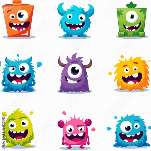 Funny monsters facial expression constructor flat color vector icon set. Weird creatures grimaces illustration pack on grey background