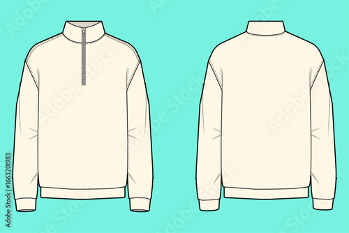 Men's High Neck Half Zipped Sweatshirt Fashion Flat Sketch Template Outline.	