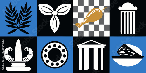 A black and white collage of classic Italian and Mediterranean-themed items arranged in two rows. The top row features a pizza, a branch of olives, a pile of short pasta (possibly cavatappi or fusilli