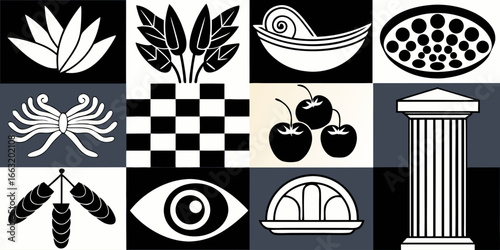 A black and white collage of classic Italian and Mediterranean-themed items arranged in two rows. The top row features a pizza, a branch of olives, a pile of short pasta (possibly cavatappi or fusilli