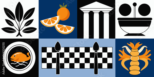 A black and white collage of classic Italian and Mediterranean-themed items arranged in two rows. The top row features a pizza, a branch of olives, a pile of short pasta (possibly cavatappi or fusilli