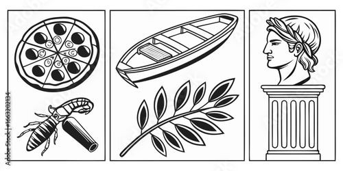 A black and white collage of classic Italian and Mediterranean-themed items arranged in two rows. The top row features a pizza, a branch of olives, a pile of short pasta (possibly cavatappi or fusilli