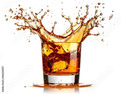 Whiskey Splashing in Glass, Amber Liquid, Ice Cubes, Studio Shot.