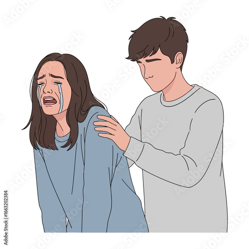 Sympathy & Support: A tender moment unfolds as one figure offers a shoulder of support to a person in distress, illustrating empathy and comfort during a difficult time. 