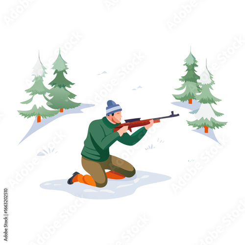 Biathlete aiming rifle in snowy winter landscape