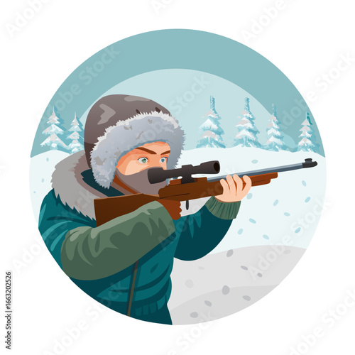 Biathlete aiming rifle in snowy winter landscape with fur hat and jacket