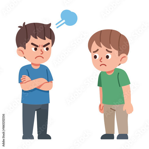 Animated Conflict: A visual depiction of childhood conflicts. One boy is angry and frustrated while another boy feels ashamed and sad. 
