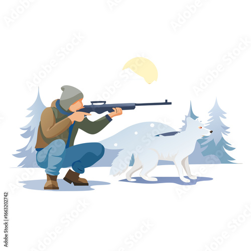 Hunter aiming a rifle at a white fox in a snowy winter landscape