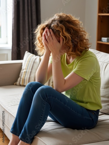 Emotional distress home living room portrait photography indoor setting close-up view anxiety and isolation