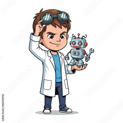 Young Inventor and Robot Friend: A smart child, wearing goggles and a lab coat, holds a small robot, a symbol of innovation and the wonders of technology. 