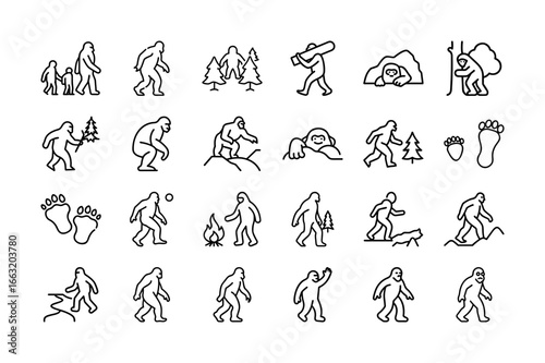 Bigfoot Icon Set. Sasquatch, Footprints, Wilderness, Hiking, Forest, Yeti, Bigfoot Walking, Tracking, Adventure, Outdoor Exploration, Nature, Wildlife, and more. Editable Stroke. Vector Illustration.