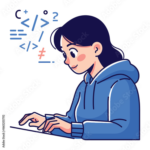 Coding Whiz: An illustration captures a focused programmer deeply engrossed in writing code, with algorithmic symbols hovering above their head, showcasing the dedication and creativity