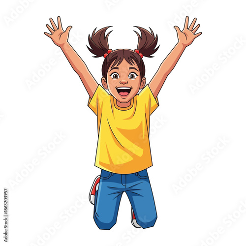 Joyful Child's Exuberance: A vivacious illustration depicts a young girl jumping with unbridled happiness, arms raised in a display of pure glee and boundless energy. 