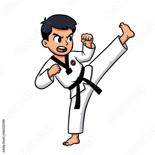 Fierce cartoon boy in a white dobok with a black belt performing a powerful high kick.