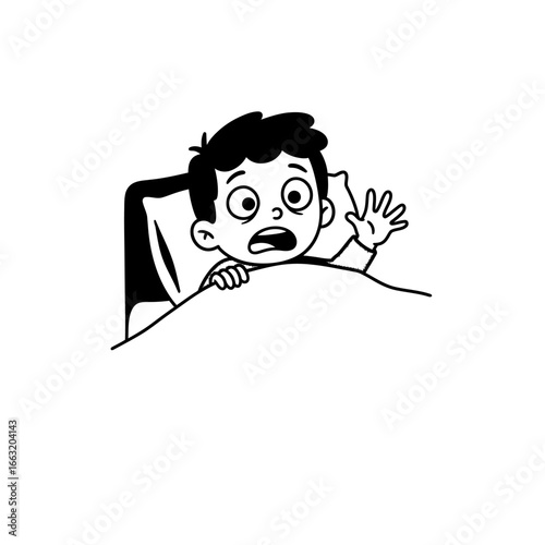 Frightened cartoon boy with wide eyes and messy hair sitting up in bed in terror.