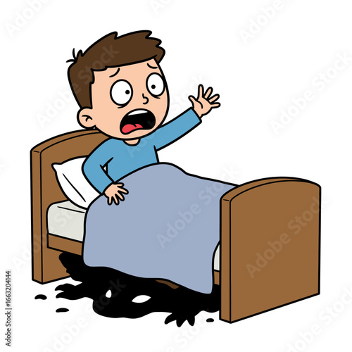 Frightened cartoon boy in bed sees a scary shadow monster lurking underneath.