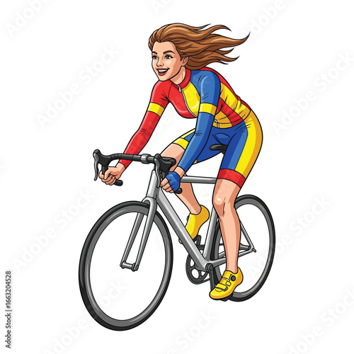 Female Cyclist in Action: A vibrant and dynamic illustration of a female cyclist powering through, representing a sport and active lifestyle. 