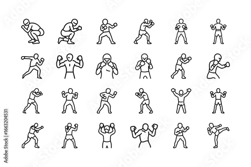 Boxer Stand with Pose Vector Icon Set. Boxing, Fighter, Martial Arts, Training, Punching, Athlete, Boxing Gloves, Fitness, Punch, Kick, Health, Champion, Sports Icon and more. Editable Stroke. 
