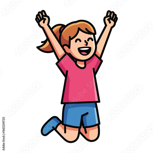 Child's Triumph: Capturing the youthful exuberance of a cartoon child in mid-jump, filled with unbridled joy, perfect for expressing happiness and victory.