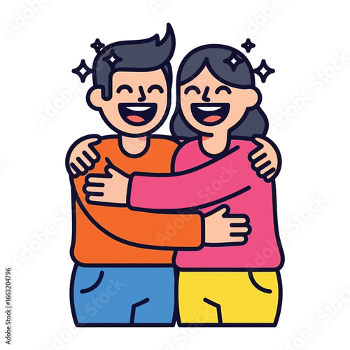 Joyful Embrace: Two figures radiate joy as they share an embrace, their bond of friendship illuminating the scene with warmth and affection.