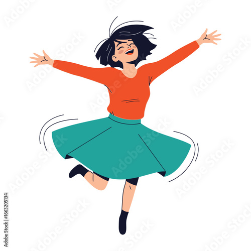 Joyful Dance: A vibrant illustration captures a woman mid-dance, radiating pure happiness as she twirls in a playful celebration of life and freedom. 
