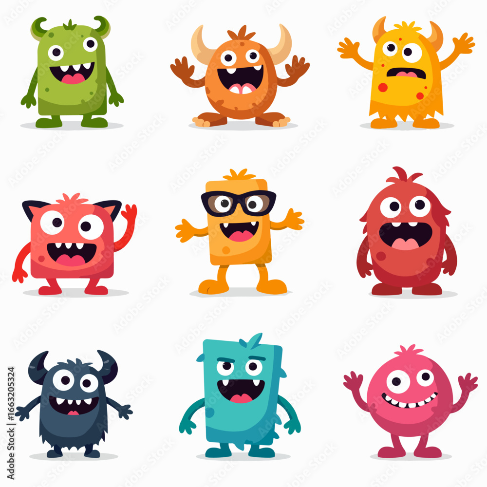 Fototapeta premium Set of funny cartoon animals, set of funny monsters