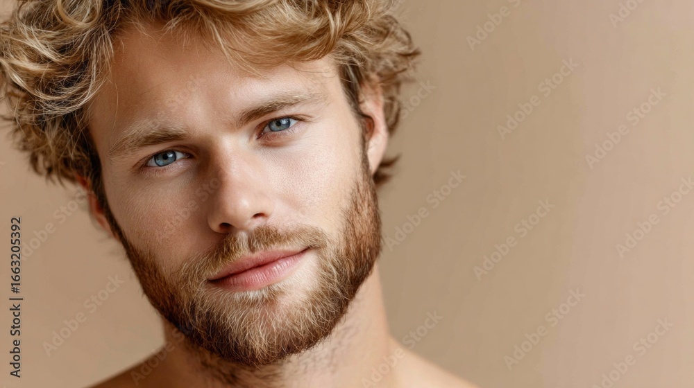 Fototapeta premium Man with sharp jawline and soft natural expression posing against a neutral background in natural light