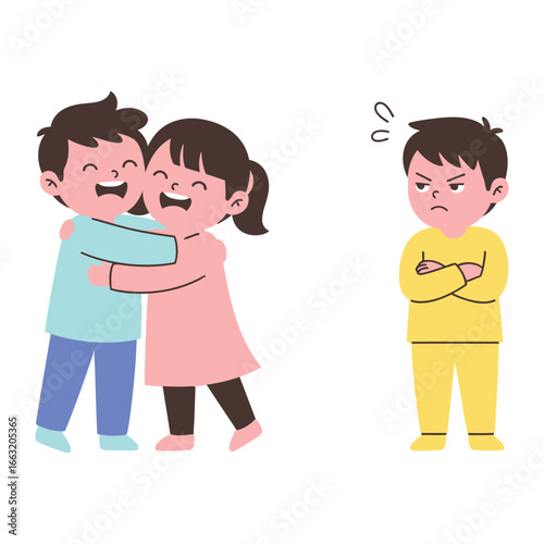Friendship's Embrace: Two children share a warm hug of friendship, while another watches with a face of envy and resentment in a vibrant illustration of childhood emotions and social dynamics.