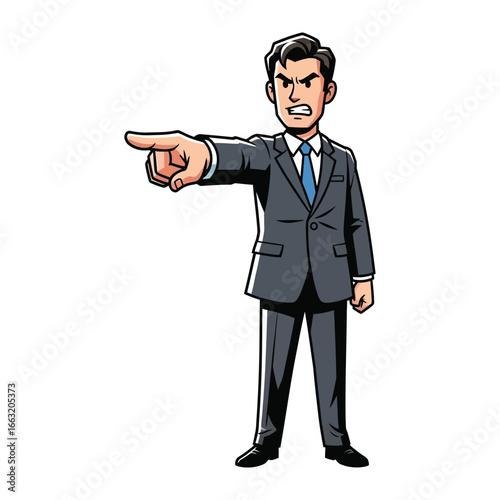 Angry Business Illustration: A stern businessman in a suit, his face etched with anger, forcefully points his finger forward in a dynamic, illustrative pose, expressing authority.