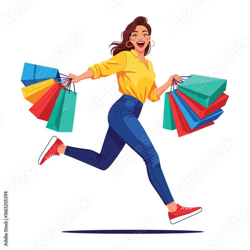 Shopping Spree Joy: A vibrant and dynamic illustration showcasing a woman running exuberantly with overflowing shopping bags, representing the thrill of retail therapy and consumer delight.