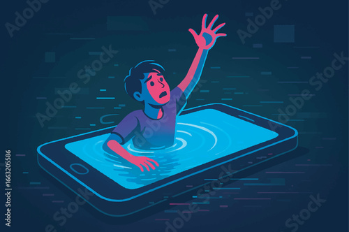 Surreal vector illustration of a person drowning into a glowing mobile phone symbolizing digital addiction