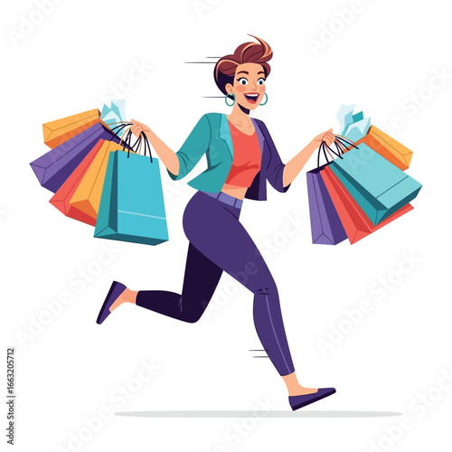 Joyful Shopping Spree: A lively woman bounds forward with overflowing shopping bags in her hands, illustrating the excitement of a successful shopping trip and the thrill of retail therapy.