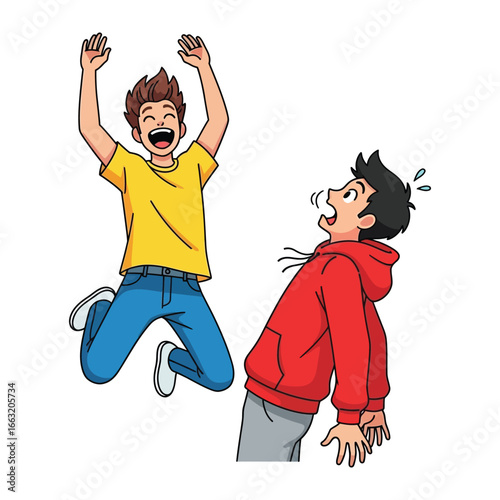 Joyful Moments: Capturing a sense of camaraderie and excitement, a cartoon illustrates two friends in a moment of shared experience and dynamic interaction.