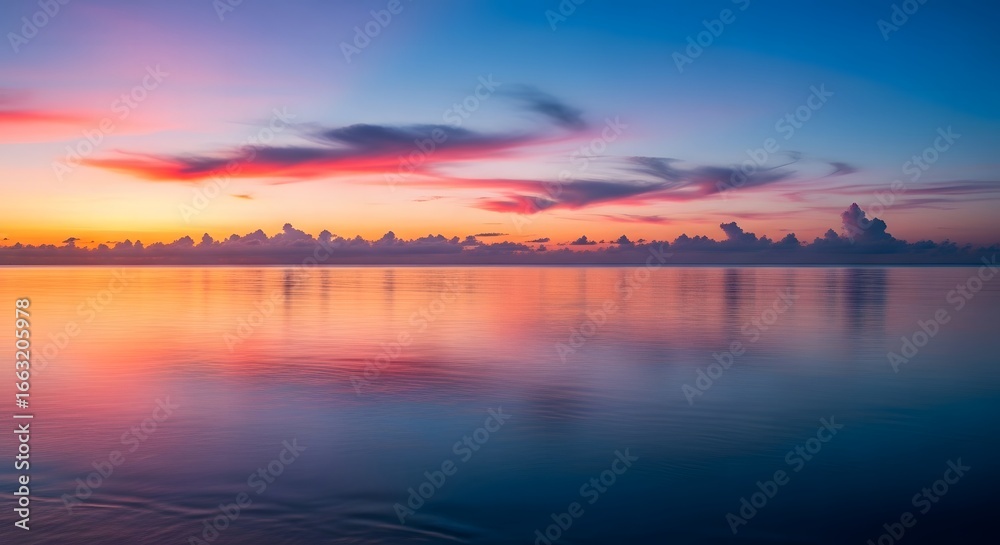 Fototapeta premium Serene ocean reflecting vibrant sunset colors with clouds on the horizon and smooth water surface view