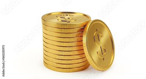 A stack of shiny gold coins with dollar signs on a white background symbolizing wealth and finance