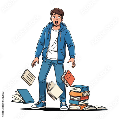 Oops Moment with Books: A young man with wide-eyed shock stands amidst falling books in a vivid and engaging illustration, capturing the essence of a surprising or unexpected event.