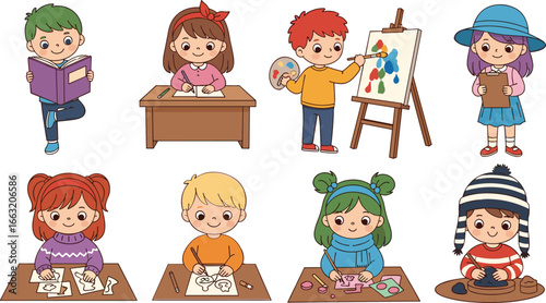 Cute kids doing creative activities, reading, painting, drawing, crafting, sculpting, learning, art class, preschool education, school project, colorful cartoon vector