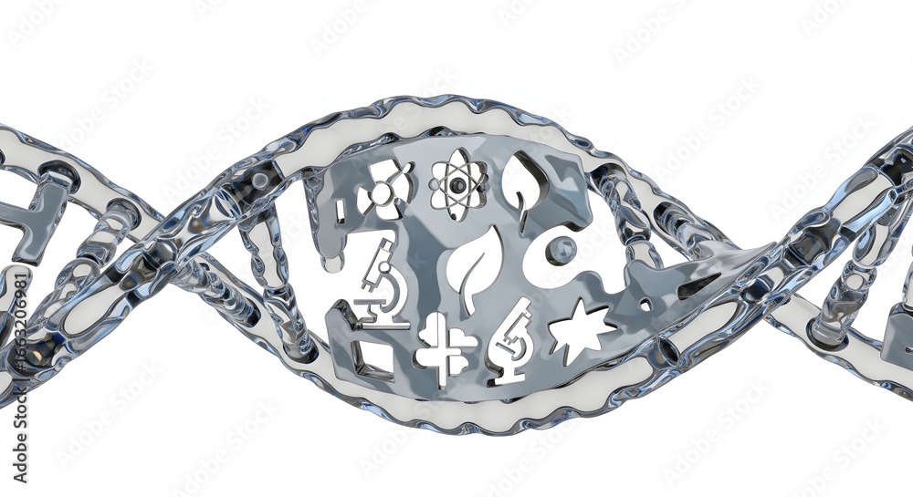 Obraz premium Transparent dna structure with science and biology icons inside on a plain white background