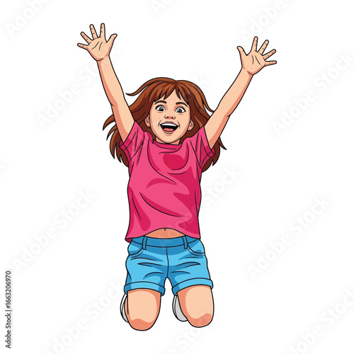 Joyful Leap: A cheerful young girl radiates pure joy and excitement, captured mid-leap with arms joyfully raised in the air, conveying boundless happiness and exuberance.