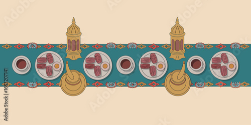 Overhead view of iftar table setting with dates eggs coffee lanterns and decorative border design elements